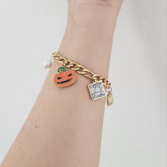 Jewelry - Halloween Gold Plated Stainless Steel Pumpkin Ghost Multi Pendant Charm Bracelet